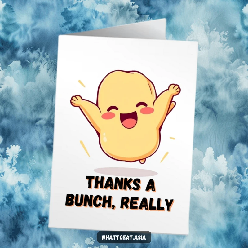 Funny free printable thank you card featuring a cheerful piece of tempura comically flipping itself in the air.