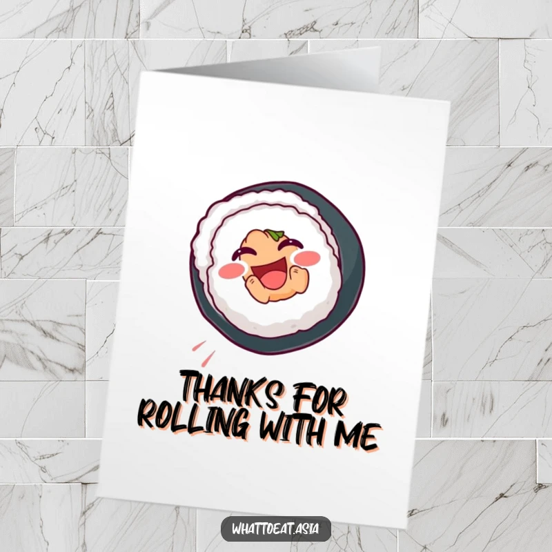 Funny free printable thank you card: a smiling sushi roll performing a joyful somersault, sending warm thanks with a whimsical twist.