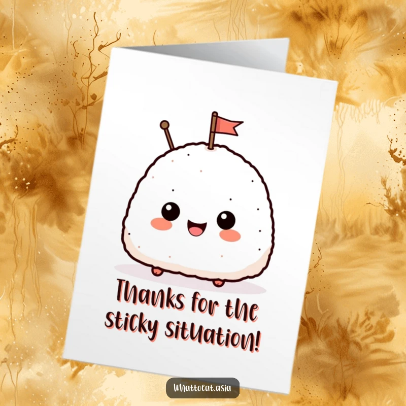 Funny Free Printable Thank You Card: A delighted onigiri character waving a little flag to express gratitude.