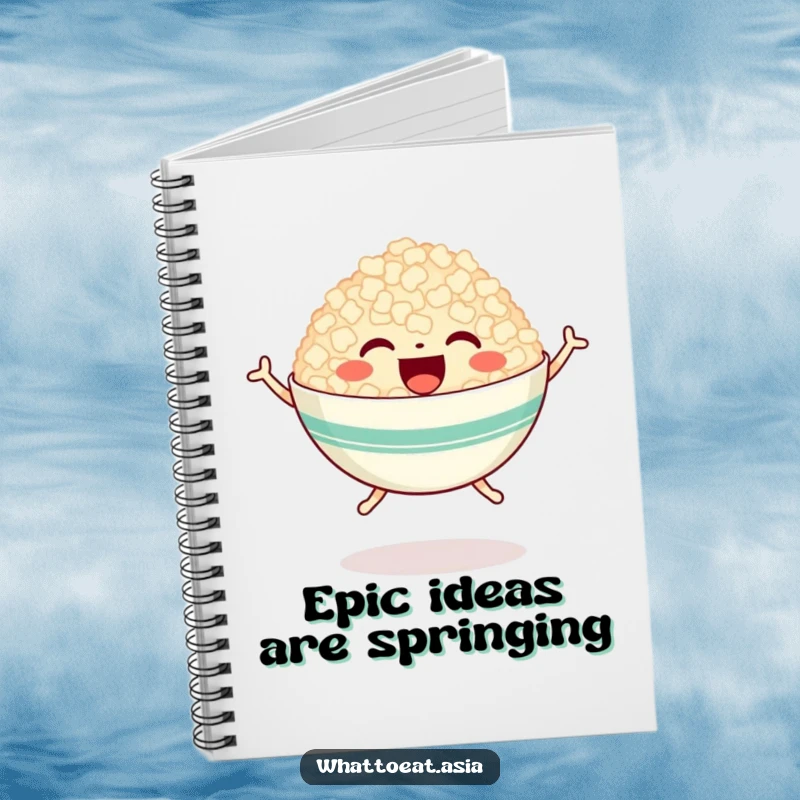 Funny notebook featuring a happy bowl of rice with tiny legs, joyfully jumping, ideal for jotting down cheerful thoughts and foodie dreams.
