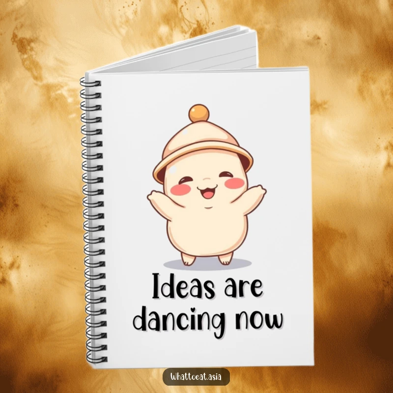 Funny notebook featuring a giggling dumpling wearing a tiny hat, joyfully dancing, ideal for jotting down cheerful thoughts and foodie notes.