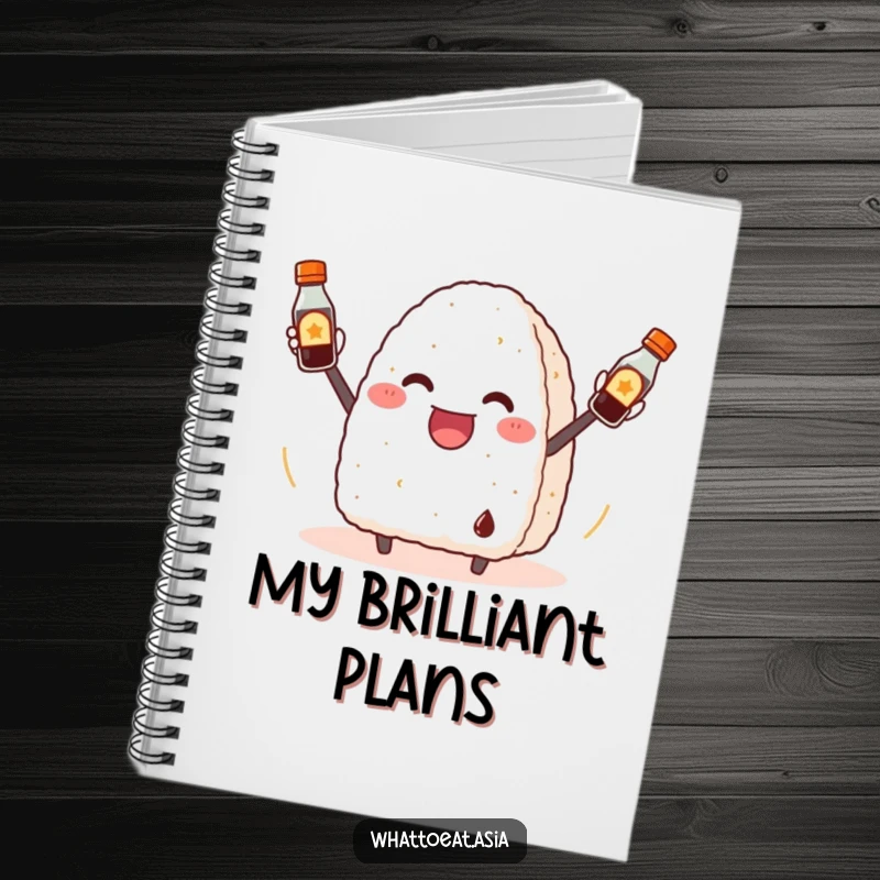 Funny Onigiri Notebook: A cheerful onigiri juggling soy sauce bottles, great for jotting down notes with a humorous touch.