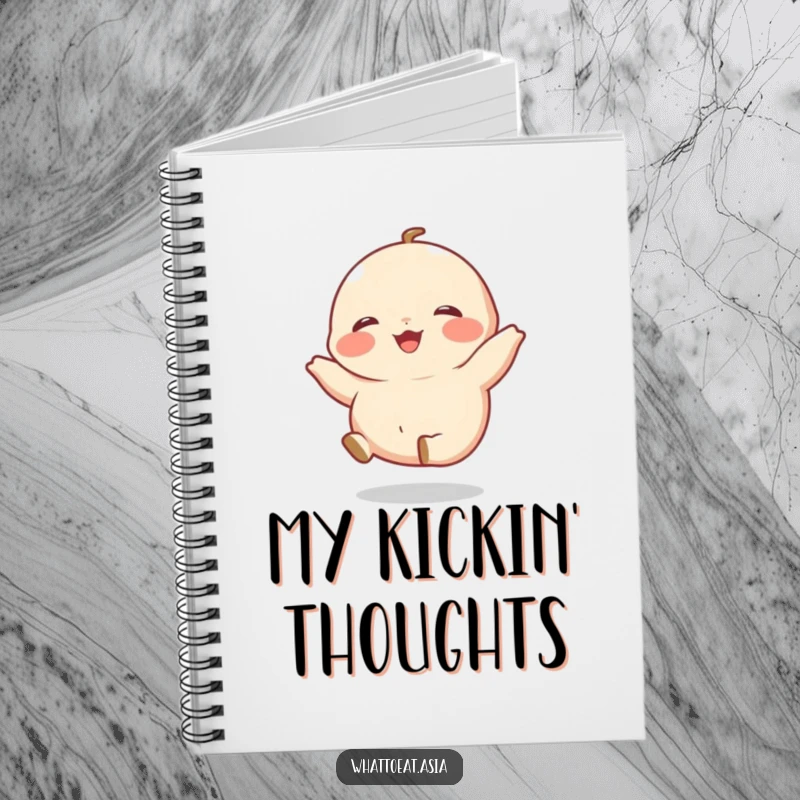 Funny Dumpling Notebook with a giggling dumpling and tiny legs kicking happily, ideal for note-taking, journaling, and creative ideas.