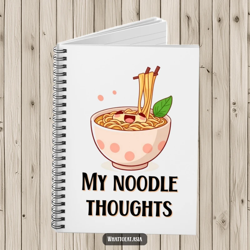 Funny Ramen Notebook showcasing a jubilant ramen bowl with chopsticks stirring contentedly, perfect for jotting down notes and ideas.