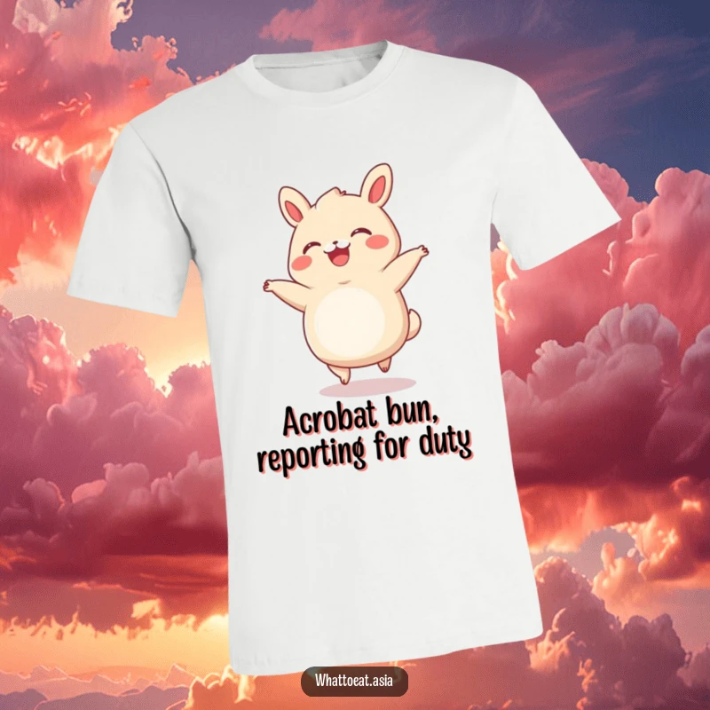 Funny Bao Bun T-Shirt: A smiling bao bun with tiny legs executing a cartwheel with infectious delight and playful energy.