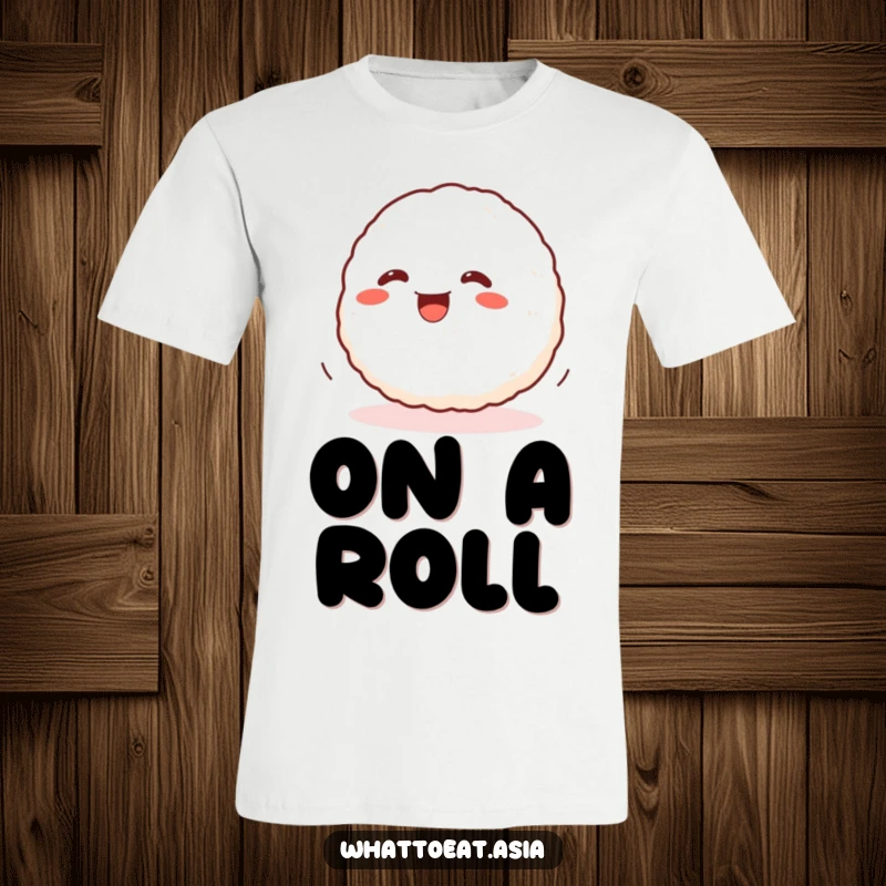 Funny Onigiri T-Shirt featuring a wiggling onigiri ball rolling with glee, symbolizing playful movement and appreciation for rice balls.