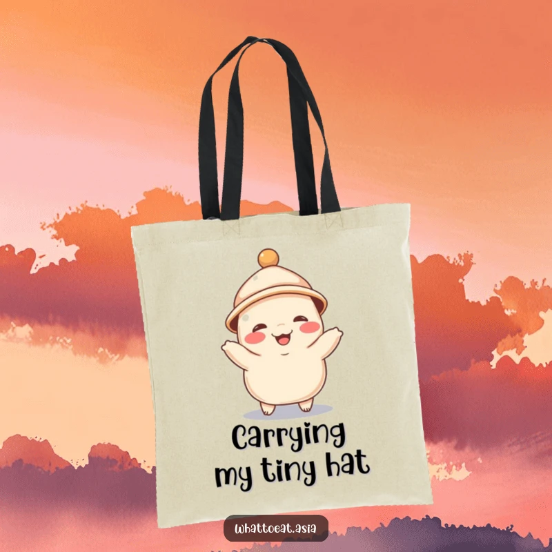 Funny tote bag depicting a giggling dumpling wearing a tiny hat, joyfully doing a little dance, perfect for carrying essentials with a cute food theme.