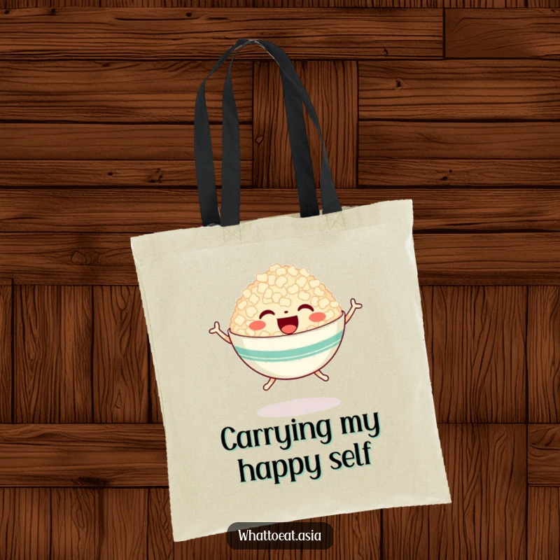 Funny tote bag featuring a happy bowl of rice with tiny legs, joyfully jumping, perfect for carrying groceries with a cheerful food theme.