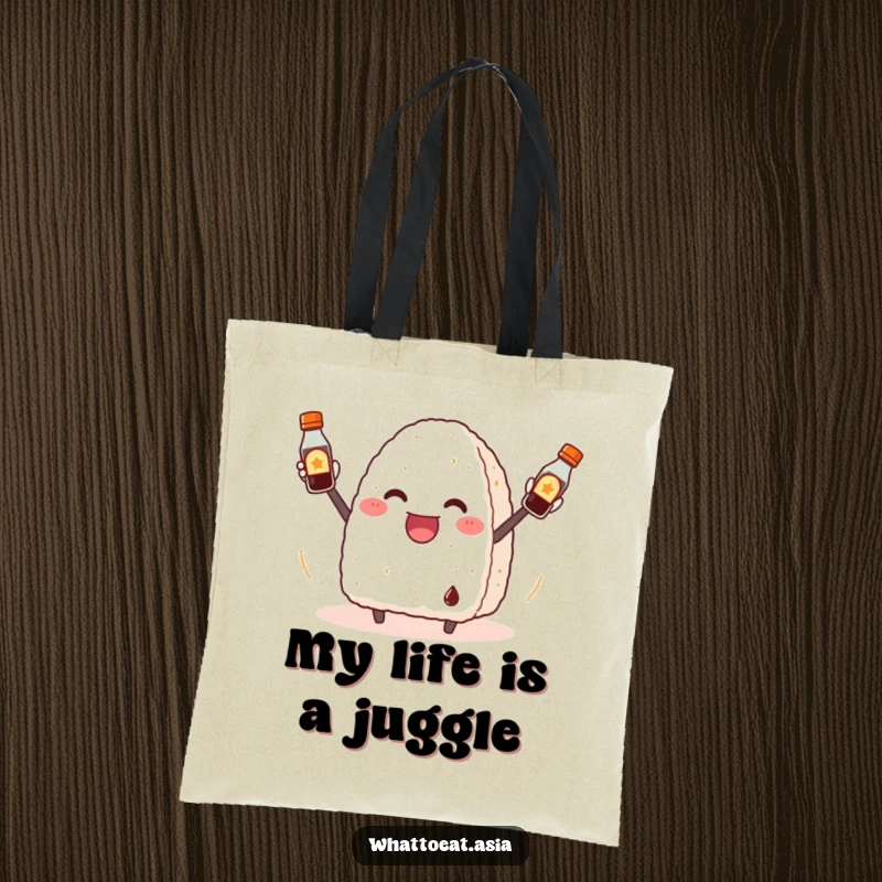 Funny Onigiri Tote Bag: A cheerful onigiri enthusiastically juggling three small soy sauce bottles during a delightful food display.