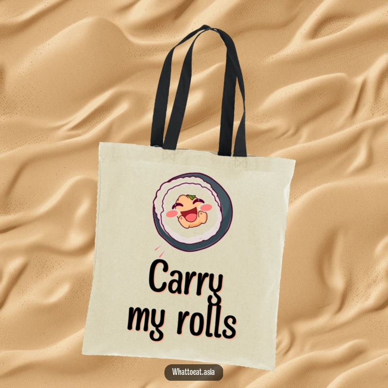 Funny Sushi Tote Bag illustrating a smiling sushi roll in a dynamic somersault, ideal for carrying groceries or daily necessities.