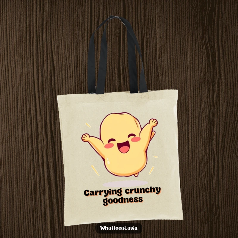 Funny tote bag depicting a cheerful piece of tempura comically flipping itself in the air, perfect for carrying essentials with a fun food theme.
